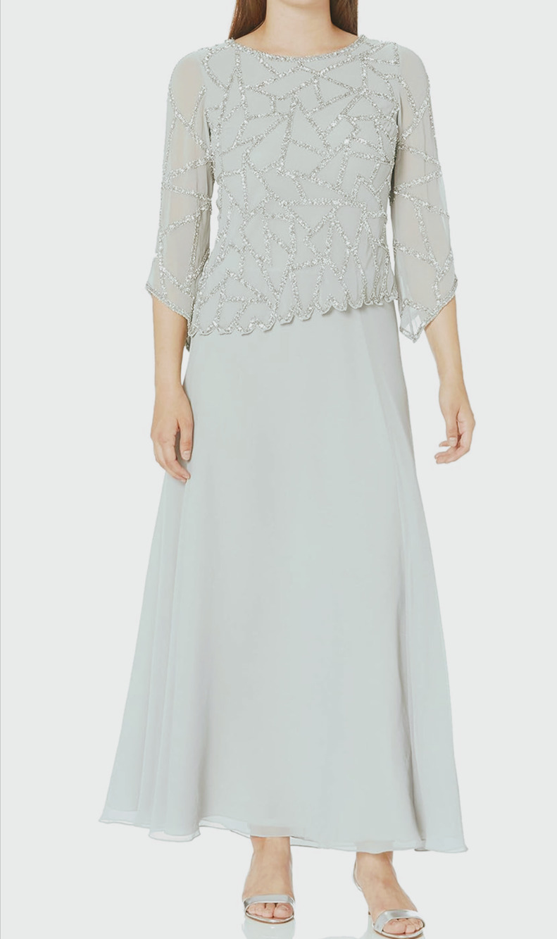 J Kara Women's V Neck Sleeve Scallop Beaded Top Long Chiffon Dress size 8